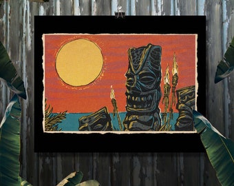 Tiki Sunset Hawaiian Art Print – 8x10 Vintage Tropical Wall Decor – Mid-Century Modern Tiki Bar Poster by AlbinoAlligator