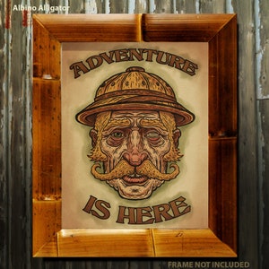 Adventure Is Here Art Print – Vintage Explorer Tiki Poster, Pith Helmet Wall Art, Jungle Adventure Decor 8X10