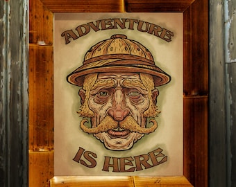 Adventure Is Here Art Print – Vintage Explorer Tiki Poster, Pith Helmet Wall Art, Jungle Adventure Decor 8X10