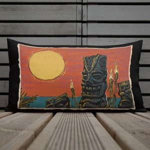 Tiki Sunset Pillow , Vintage Style, mid century, tropical, hawaiian, tiki gods, Premium Pillow 20x12