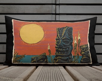 Oreiller Tiki Sunset, style vintage, milieu du siècle, tropical, hawaïen, dieux tiki, oreiller Premium 20x12