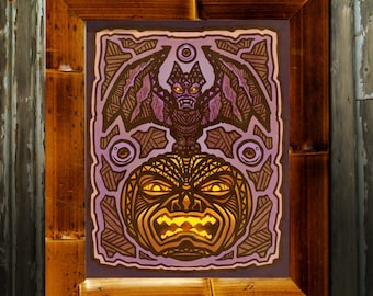 Tiki Fledermaus Halloween Kunstdruck - 8x10 Alohalloween Tiki Bar Decor - Retro Spooky Wandkunst von AlbinoAlligator