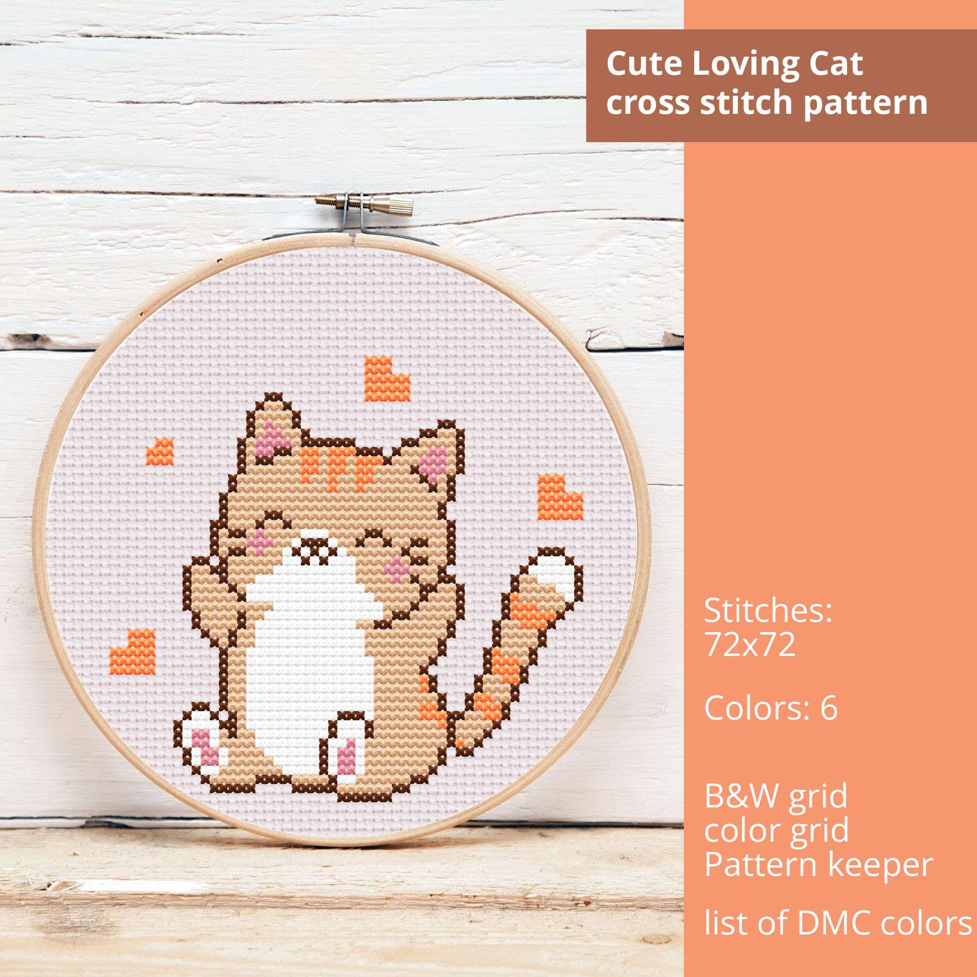 Cute Cat Cross Stitch Pattern, Kawaii Chibi Design (PDF Pattern