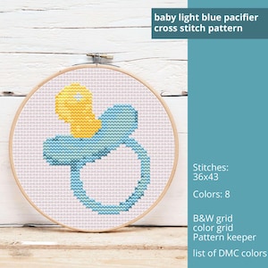 May include: A cross stitch pattern of a light blue baby pacifier on a white background. The pattern is 36 stitches wide by 43 stitches high and uses 8 colors. The pattern includes a black and white grid, a color grid, a pattern keeper, and a list of DMC colors.