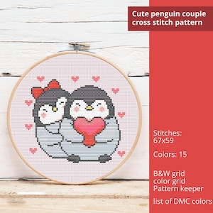 Patrón de punto de cruz de pareja de pingüinos enamorados de San Valentín - PDF instantáneo - amor romántico, día de regalo de San Valentín, bordado con corazón de dibujos animados, punto de cruz