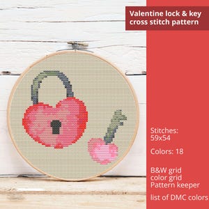 Patrón de punto de cruz de candado y llave de San Valentín - PDF instantáneo - tarjeta de boda, amor, día de regalo de San Valentín, bordado con corazón de dibujos animados, punto de cruz