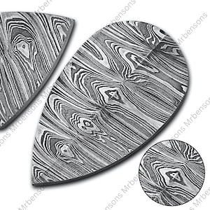 May include: Close-up of three pieces of steel with a unique, swirling pattern in shades of gray and black. The pieces are teardrop and triangular shapes, with a circular detail. The steel has a textured, layered appearance.