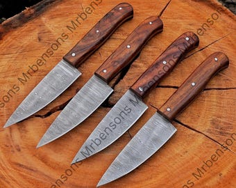 Set di 4 coltelli da bistecca in acciaio di Damasco – Manico in palissandro, fodero in pelle – Regalo per la Festa dell'Indipendenza