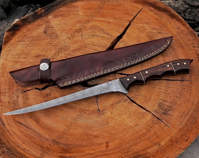 Handmade Damascus Steel Fish Fillet Knife, Rosewood Handle, Leather Sheath, Fishing Kitchen BBQ Knife