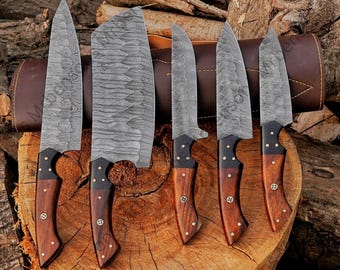 Handmade Damascus Chef Knife Set: Walnut Handle, Artisan Kitchen Knives Independence Day Gift