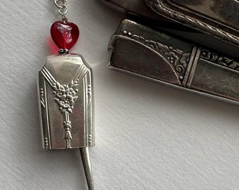 Dishfunctional Designs - Antique butter knife bell pendant necklace, Red Czech glass heart, bell 27, beautiful, upcycled silverware jewelry