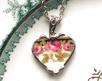 Art Nouveau Pink Roses, broken china jewelry, china petite heart pendant necklace made from recycled china, Dishfunctional Designs, upcycled
