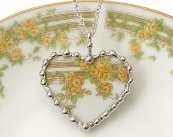 Broken china jewelry heart pendant, antique peach & green rose floral porcelain, Dishfunctional Designs sustainable ecofriendly jewelry