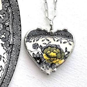 Black white and yellow rose floral English transferware, Broken China Jewelry, china heart pendant necklace, Dishfunctional Designs