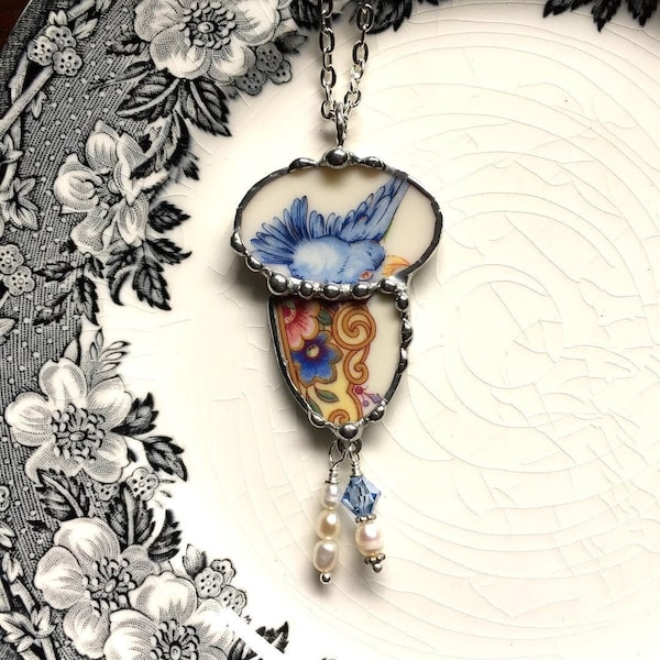 Broken China Jewelry Art Jewelry Necklace, Bluebird china pendant necklace, broken china jewelry, recycled china, Dishfunctional Designs