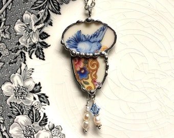 Broken China Jewelry Art Jewelry Necklace, Bluebird china pendant necklace, broken china jewelry, recycled china, Dishfunctional Designs