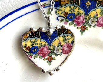 Antique  Pink Roses & Cobalt Blue China Heart Pendant, Broken China Jewelry Necklace, Upcycled, Ecofriendly jewelry, Dishfunctional Designs