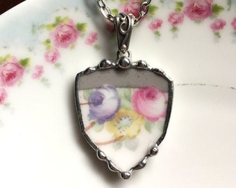 Lavender and pink roses, broken china jewelry, porcelain necklace pendant, shield shaped, eco friendly jewelry, Dishfunctional Designs