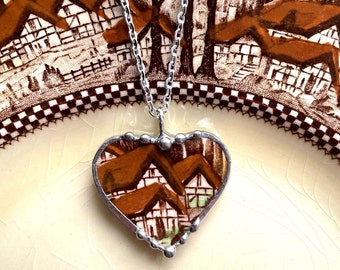 Broken china jewelry, heart pendant necklace, cottages, antique English countryside cottage, recycled china jewelry, Dishfunctional Designs