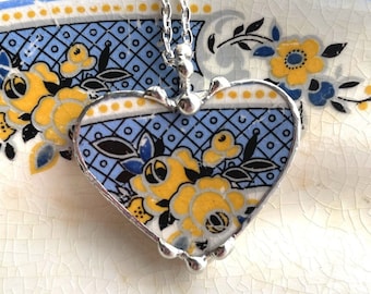 Broken china jewelry heart pendant, antique beautiful blue and yellow china, recycled china, ecofriendly, Dishfunctional Designs