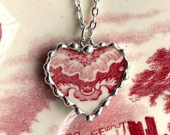 Red English Transferware broken china jewelry petite heart pendant necklace, made from recycled china, Dishfunctional Designs, sustainable