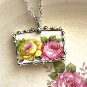 Broken china jewelry pendant necklace, antique beautiful pink rose and yellow rose china, recycled china ecofriendly, Dishfunctional Designs