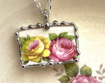 Broken china jewelry pendant necklace, antique beautiful pink rose and yellow rose china, recycled china ecofriendly, Dishfunctional Designs