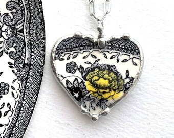 Black white and yellow rose floral English transferware, Broken China Jewelry, china heart pendant necklace, Dishfunctional Designs