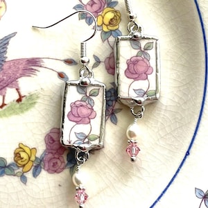 Broken China Jewelry Pink Rose Earrings, antique porcelain, surgical steel posts, pearls, crystals, Dishfunctional Designs