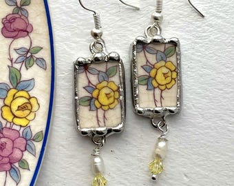 Broken China Jewelry Yellow Rose Earrings, antique porcelain, surgical steel posts, pearls, crystals, Dishfunctional Designs