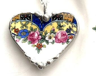 Antique Pink Roses and Cobalt Blue China Heart Pendant, Broken China Jewelry, Pendant Necklace, Ecofriendly jewelry, Dishfunctional Designs