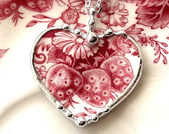 Broken china jewelry heart pendant necklace, Johnson Bros Strawberry Fair, Red transferware, Dishfunctional Designs broken china jewelry