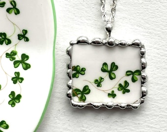 Broken China Jewelry, green shamrock clover Ireland pendant necklace, St. Patrick's Day, Dishfunctional Designs, broken china jewelry