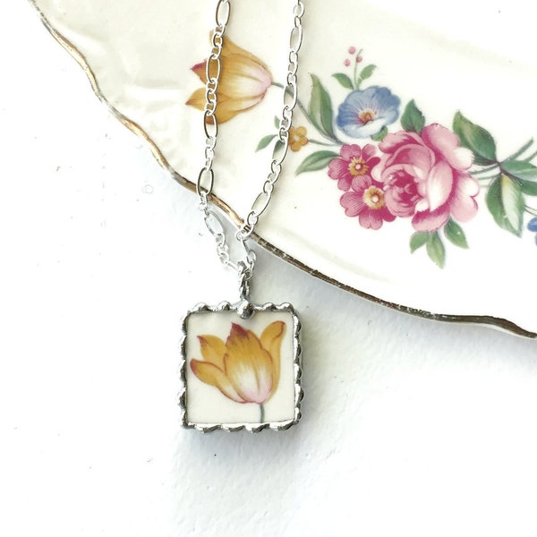 Sweet Broken China Jewelry, golden yellow tulip pendant necklace, made from a broken plate, upcycled, recycled, Dishfunctional Designs