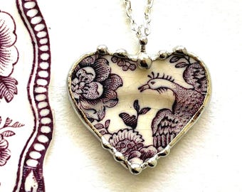 Purple English Transferware broken china jewelry, Asiatic Pheasant heart pendant necklace, Clarice Cliff Tonquin  Dishfunctional Designs