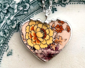 Broken china jewelry, heart pendant necklace, Art Deco 1920's antique china, chrysanthemum, Dishfunctional Designs, broken china necklace