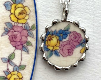 Pink Yellow Roses Circle Pendant, broken china jewelry necklace, Dishfunctional Designs broken china jewelry