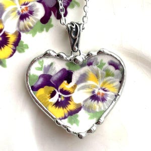 Broken china jewelry purple and white pansy duo necklace heart pendant, made from antique broken china, Dishfunctional Designs