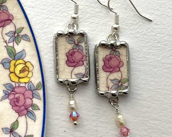 Broken China Jewelry Pink Rose Earrings, antique porcelain, surgical steel posts, pearls, crystals, Dishfunctional Designs