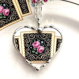 Broken china jewelry heart pendant necklace, antique pink rose china on black background, china anniversary gift, Dishfunctional Designs