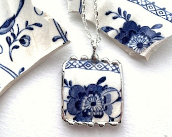 Broken China Jewelry, blue and white Andes vintage china, pendant necklace,  Dishfunctional Designs broken china jewelry