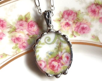 Antique porcelain roses, Broken China Jewelry, oval pendant necklace, lovely antique china jewelry, Dishfunctional Designs