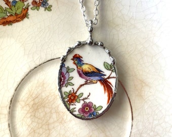 Broken china jewelry pendant necklace - colorful bird with orange flower, antique china, Dishfunctional Designs, broken china jewelry