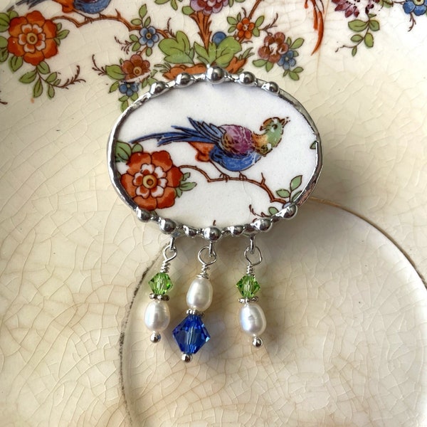 Bird of Paradise broken china jewelry pin brooch, crystals, pearls, made from broken vintage china, ecofriendly, Dishfunctional Designs