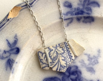 Themes River Mudlark China Shard necklace, Blue Broken China Jewelry, made from broken antique pottery, sterling, Dishfunctional Designs