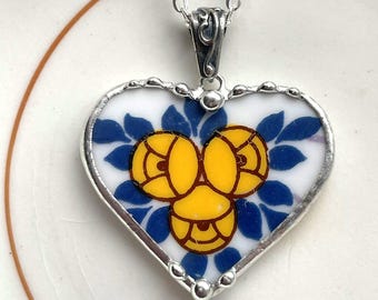Broken china jewelry heart pendant, antique yellow Mackintosh rose trio art nouveau porcelain, Dishfunctional Designs by Laura Beth Love