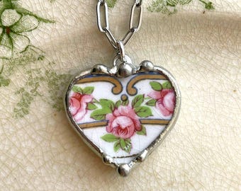 Sweet Vintage Rose, broken china jewelry, china petite heart pendant necklace, made from recycled china, Dishfunctional Designs, sustainable