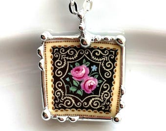 Broken China Jewelry Pendant Necklace, Pink Roses & Black, made from broken antique china, ecofriendly sustainable jewelry, 24" chain