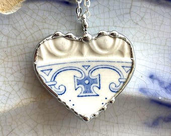 Broken China Jewelry, Copeland Spode heart pendant necklace, antique English transferware blue white, ermine Dishfunctional Designs