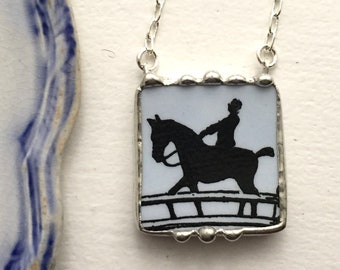EQUESTRIAN ANTIQUE CHINA, horse rider broken china jewelry pendant necklace, made from antique upcycled broken china, Dishfunctional Designs
